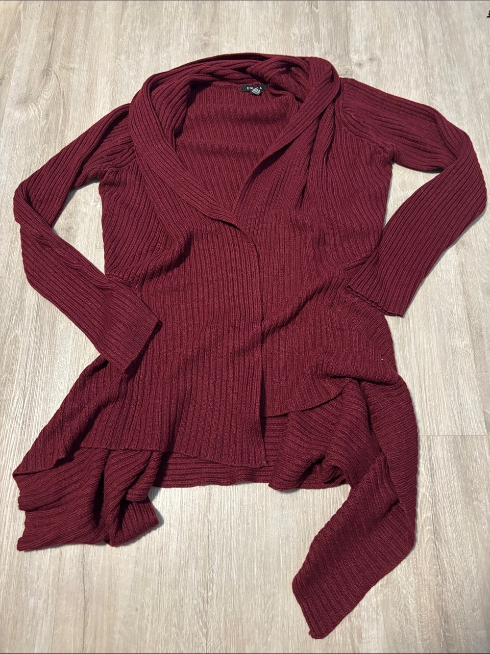 UK2LA Ribbed Open-Front Cardigan in Burgundy
